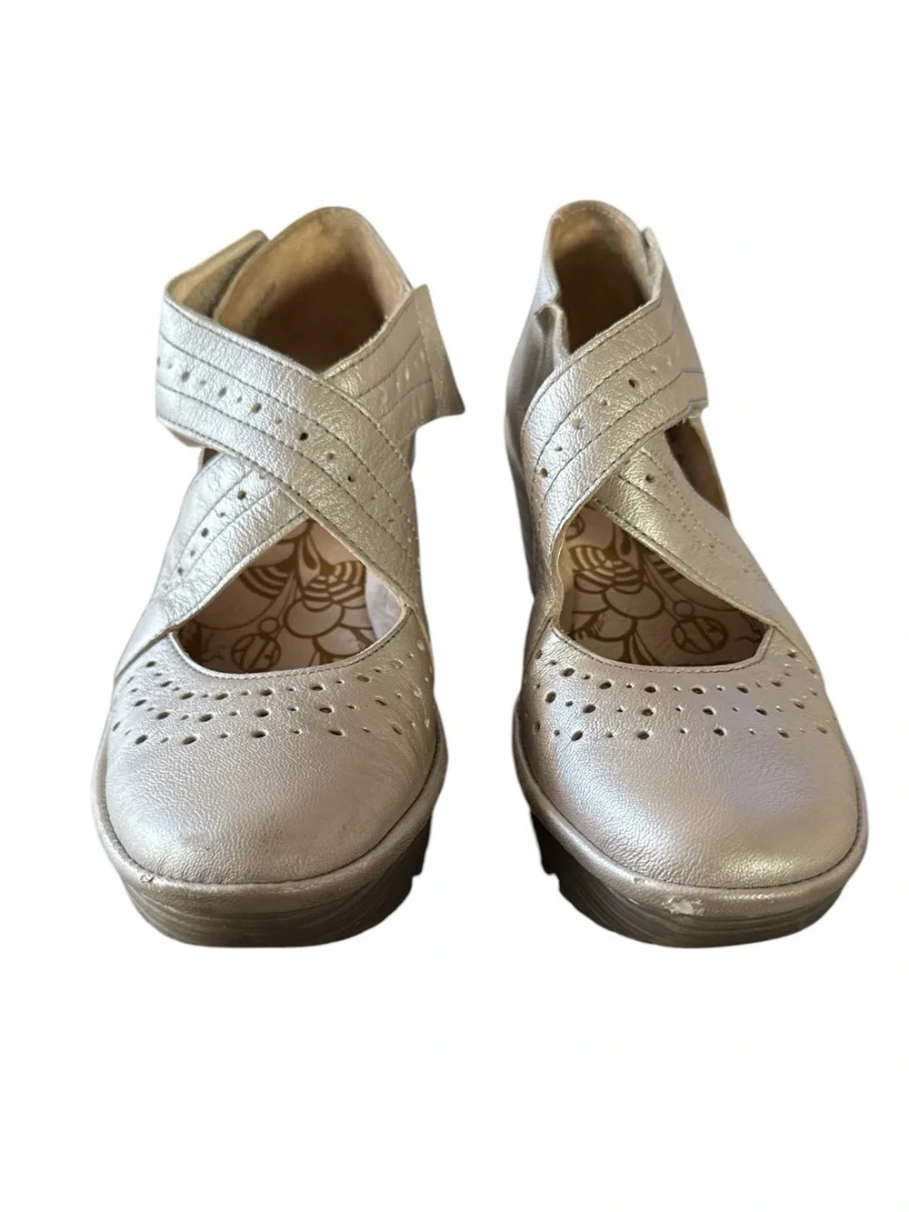 FLY London Yepe Metallic Champagne Wedge Crisscross Mary Jane Shoes Size EU 38